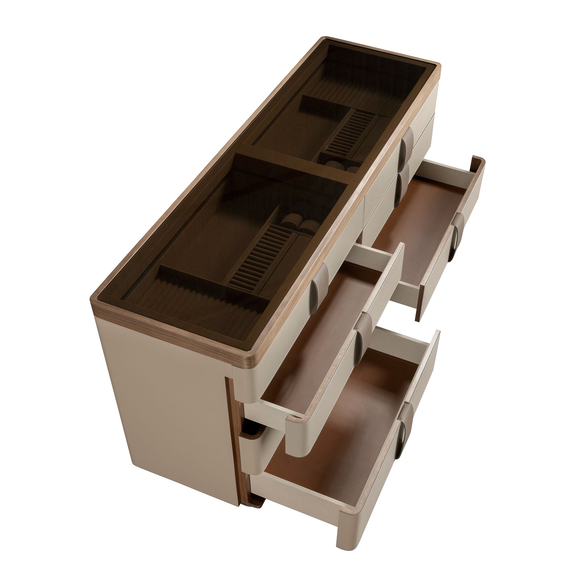 Cómoda polipiel, nogal, base acero pulido y tapa de cristal fumé marrón - Imagen 8