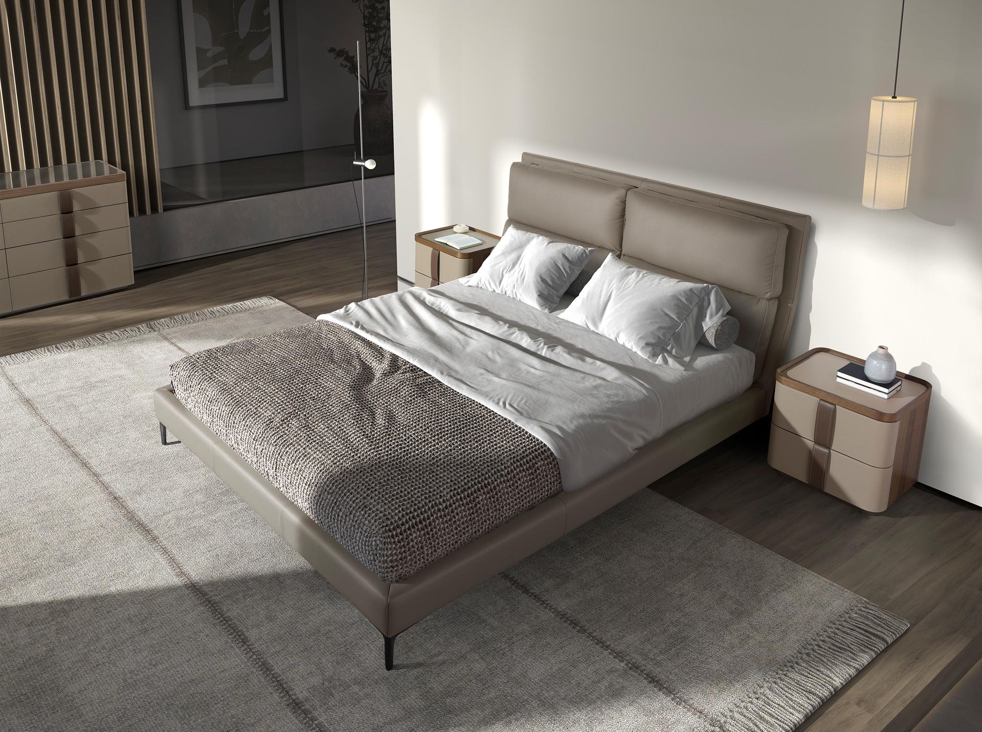 Mesita de noche polipiel, nogal y base acero pulido - Imagen 5