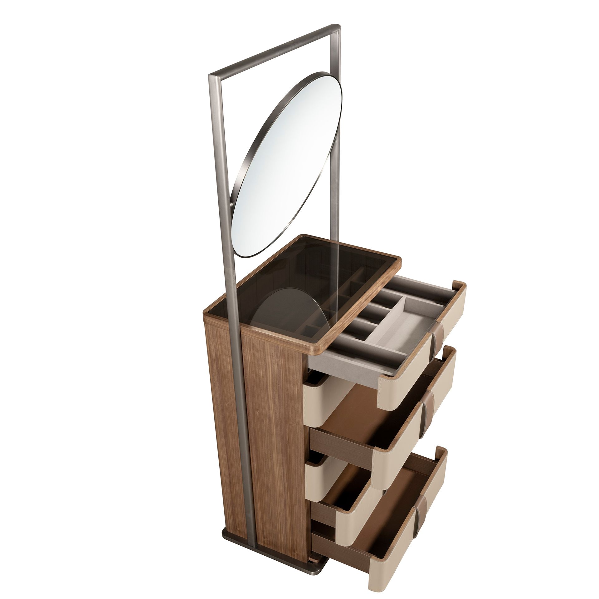 Chifonier polipiel, nogal, acero gris y tapa de cristal fumé marrón con espejo - Imagen 6