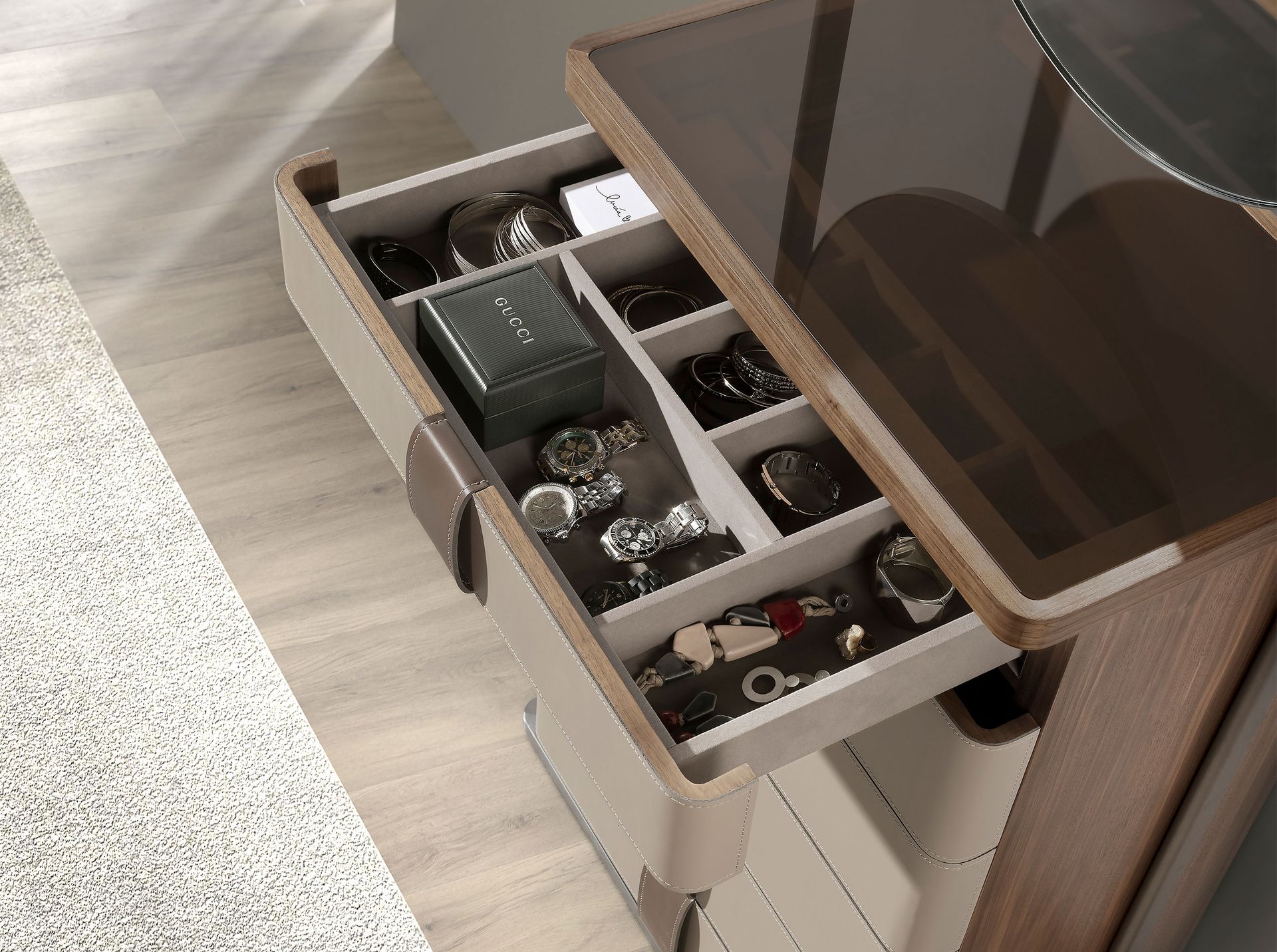 Chifonier polipiel, nogal, acero gris y tapa de cristal fumé marrón con espejo - Imagen 7