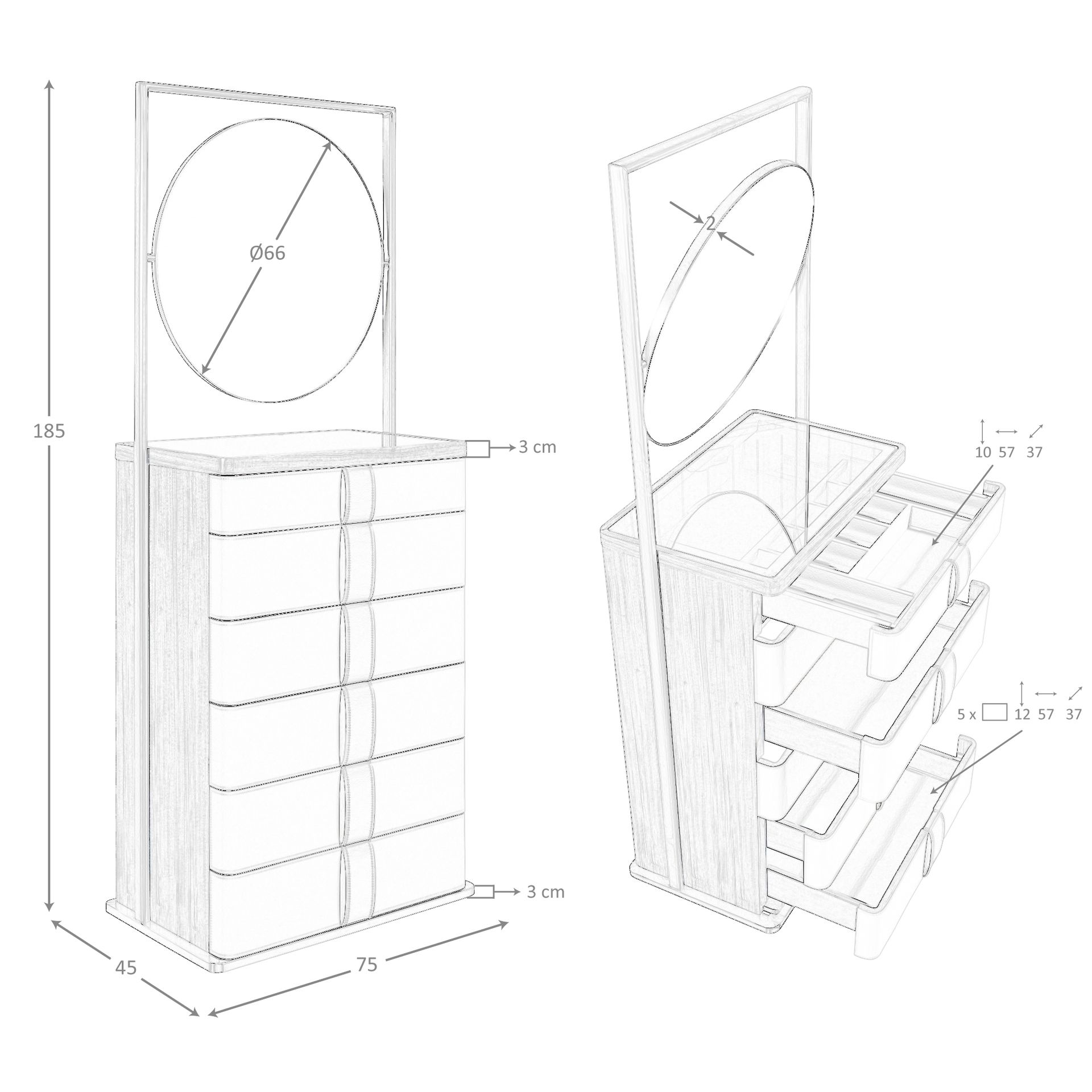 Chifonier polipiel, nogal, acero gris y tapa de cristal fumé marrón con espejo - Imagen 9