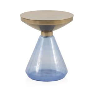 MESA AUXILIAR CON BASE DE CRISTAL AZUL Y SOBRE DE METAL DORADO  Gabar