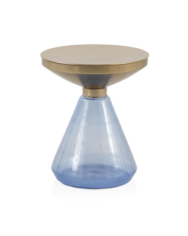 MESA AUXILIAR CON BASE DE CRISTAL AZUL Y SOBRE DE METAL DORADO Gabar