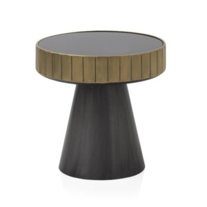 MESA AUXILIAR DE METAL DORADO Y GRIS CON TAPA DE CRISTAL NEGRO  Gabar