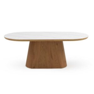 MESA COMEDOR OVAL MDF EN ROBLE CON SOBRE CERAMICO MARMOL BLANCO  Gabar