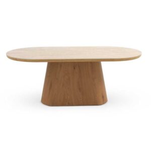 MESA COMEDOR OVAL MDF EN ROBLE CON SOBRE CERAMICO MARMOL TRAVERT  Gabar