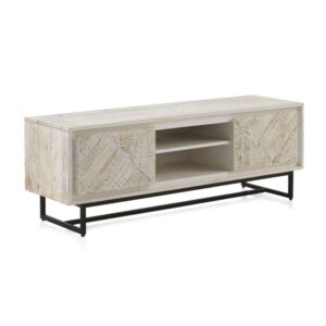 MUEBLE TV 2 PUERTAS DE MADERA DE MANGO EN COLOR BLANCO PATINADO