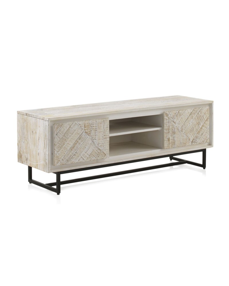 MUEBLE TV 2 PUERTAS DE MADERA DE MANGO EN COLOR BLANCO PATINADO