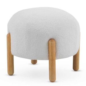 PUF TAPIZADO EN BOUCLE BLANCO CON ESTRUCTURA Y PATAS EN MADERA P  Gabar