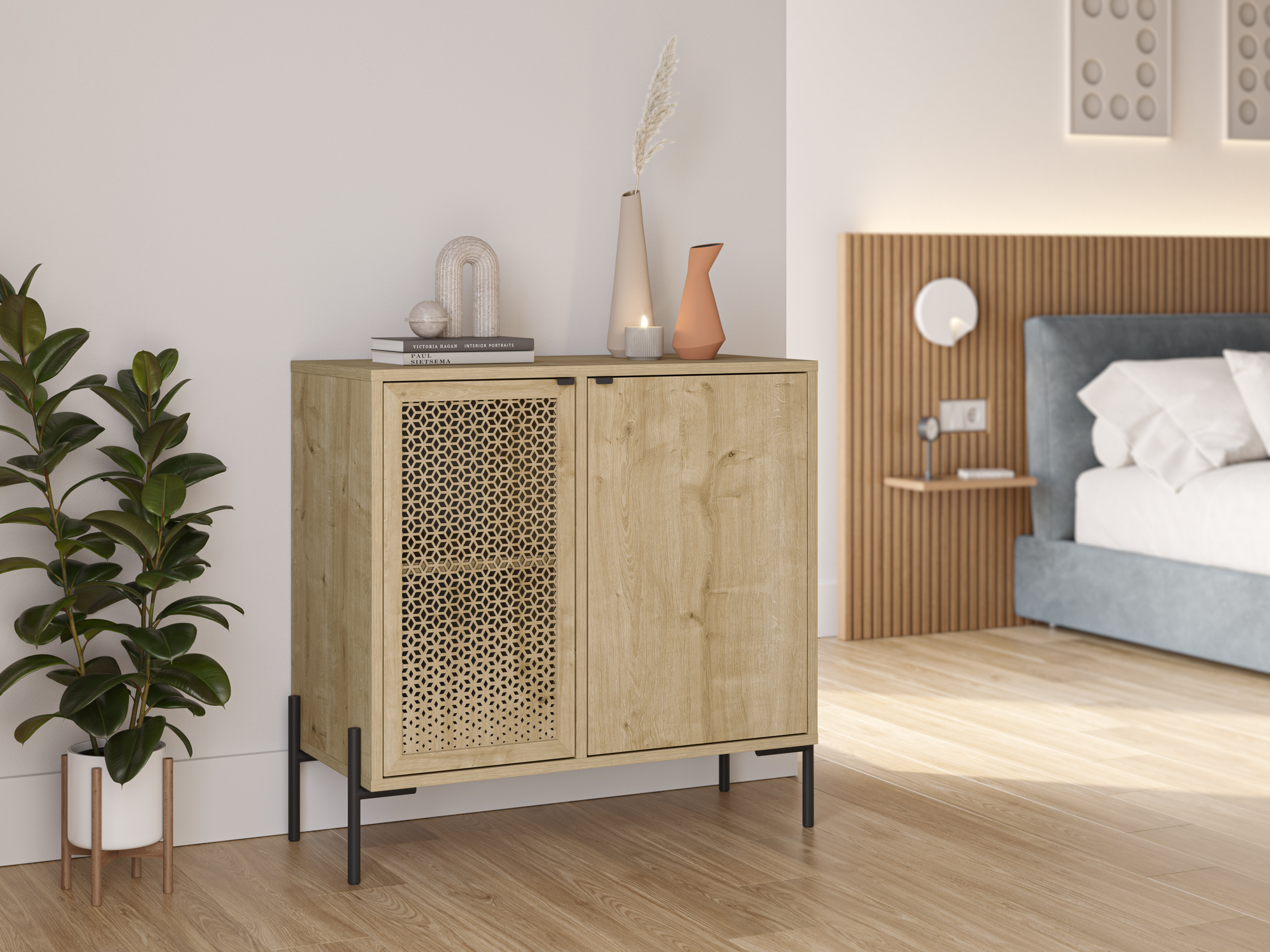 MUEBLE AUX./COMODA INCA 2P ROBLE PATA METAL - Imagen 3