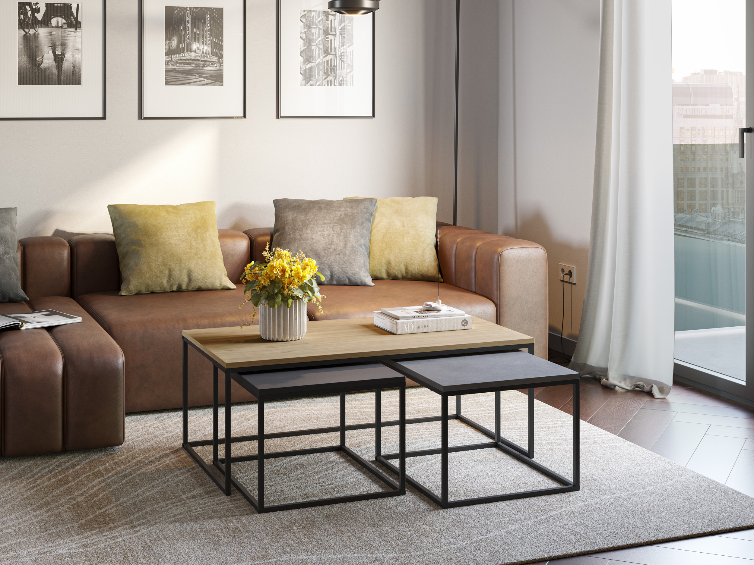 SET 3 MESAS CENTRO CAMELIA ROBLE/CEMENTO/NEGRO SIL - Imagen 3