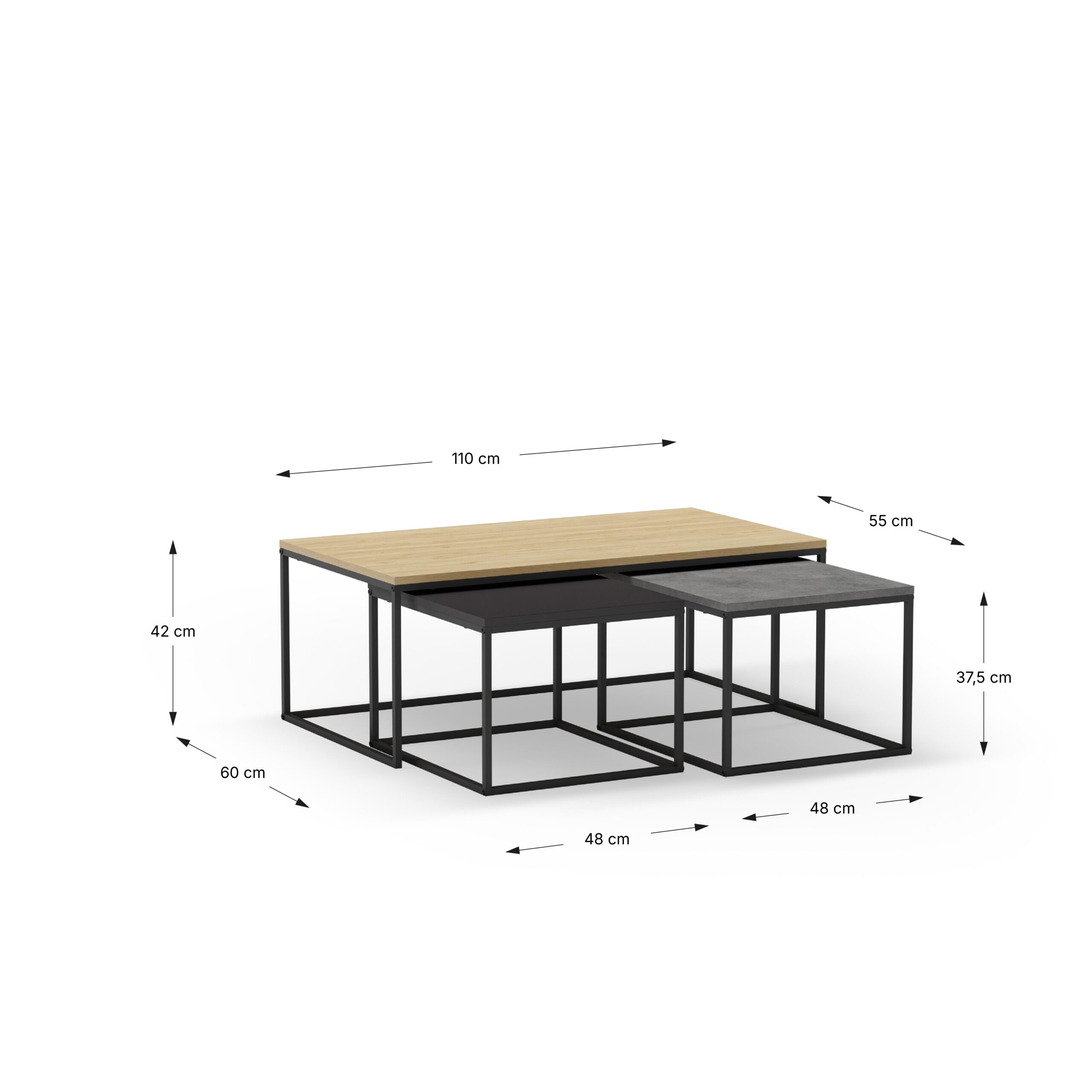 SET 3 MESAS CENTRO CAMELIA ROBLE/CEMENTO/NEGRO SIL - Imagen 4