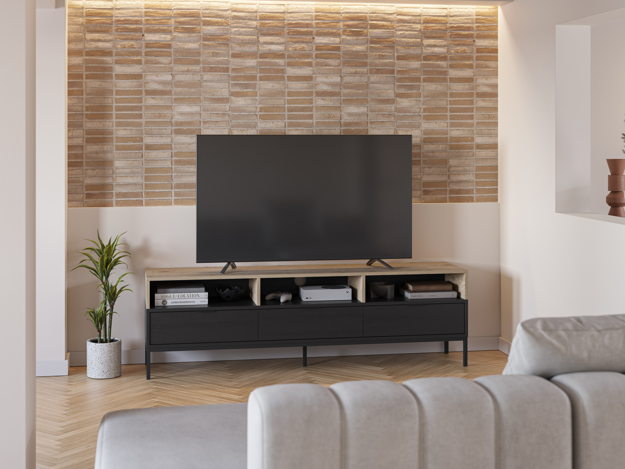 MUEBLE TV MARION 3C3H 180CM ROBLE-K/NEGRO PATA MET - Imagen 4