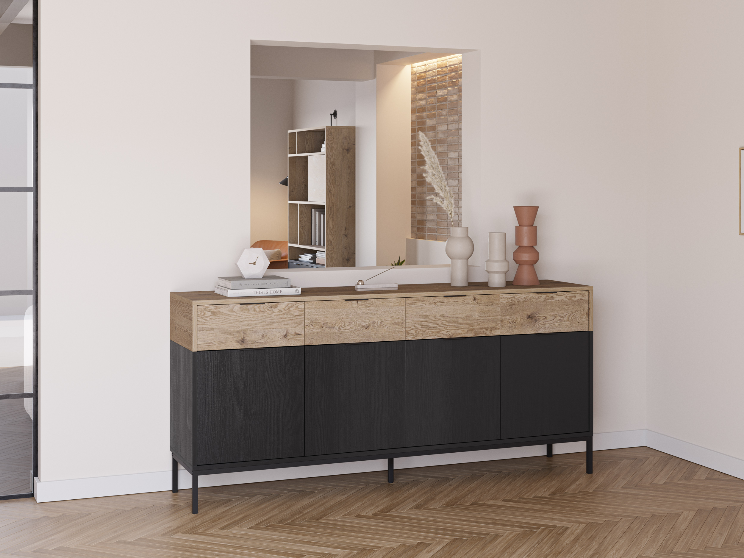 APARADOR MARION 4P4C 180CM ROBLE-K/NEGRO PATA META - Imagen 4