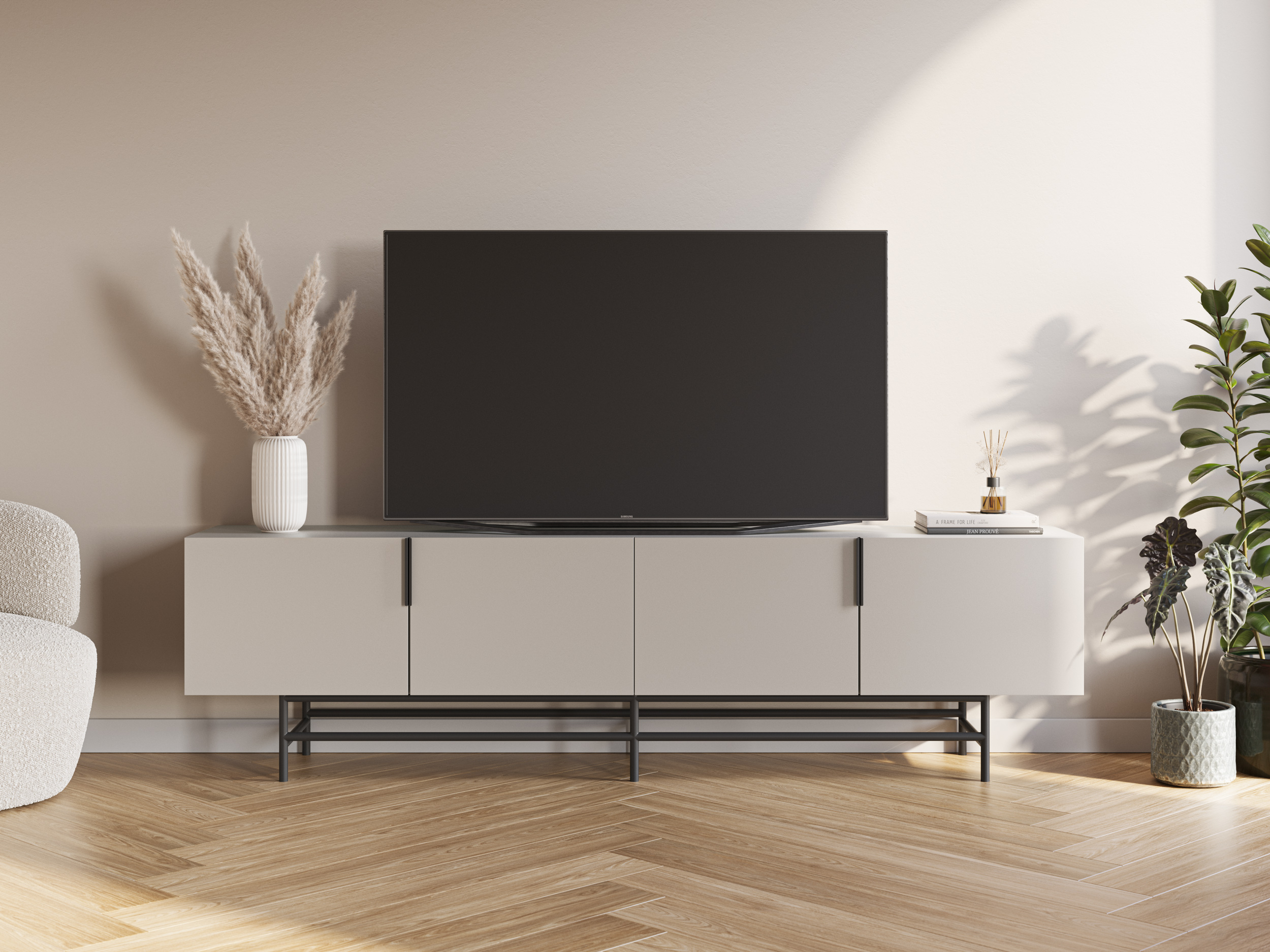 MUEBLE TV ELDIA 4P 200CM CREMA PATA METAL - Imagen 3