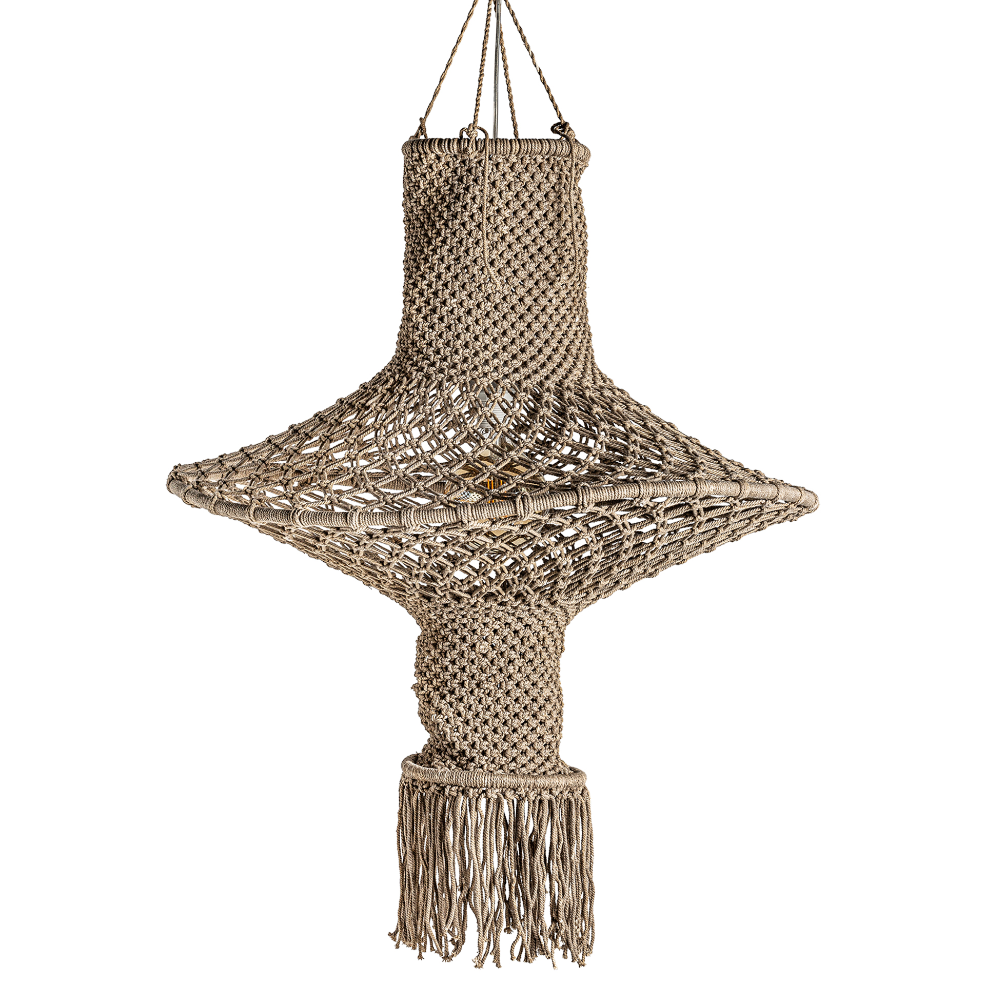 Lámpara de colgar de estilo étnico fabricado en algodón en color marrón. Producto plegable.