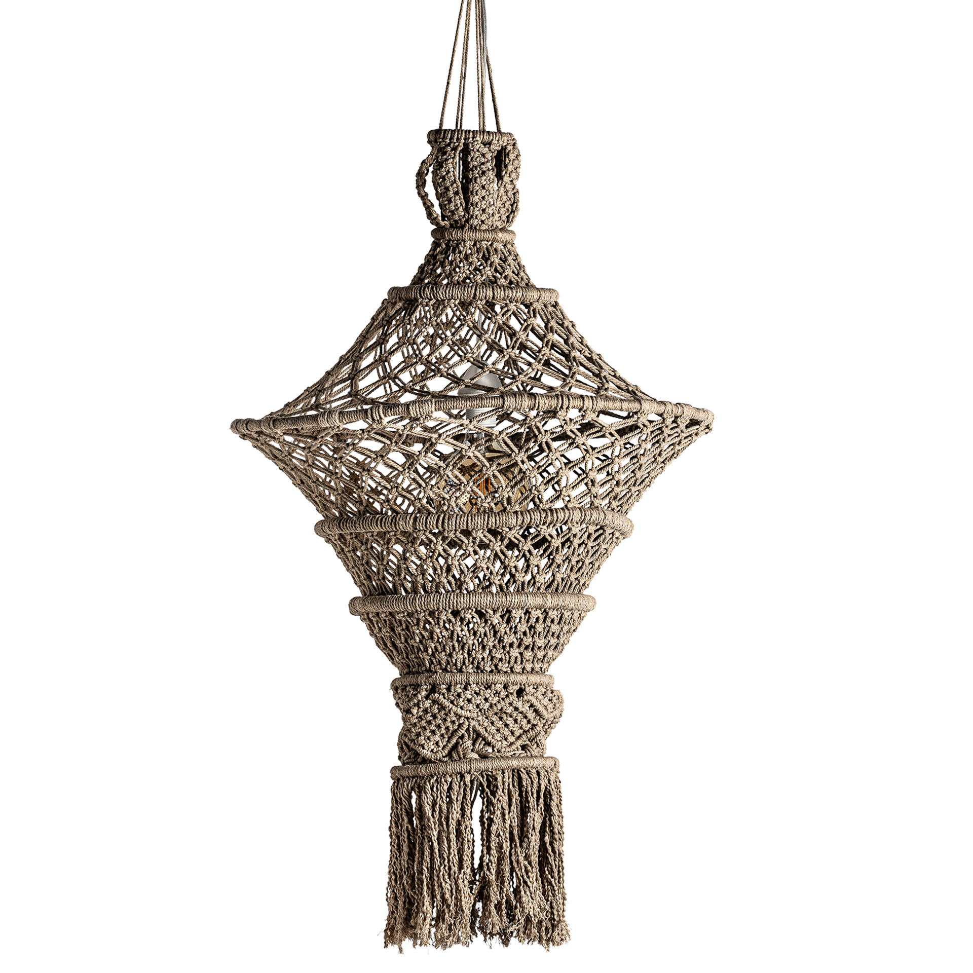 Lámpara de colgar de estilo étnico fabricado en algodón en color marrón combinado con mimbre.