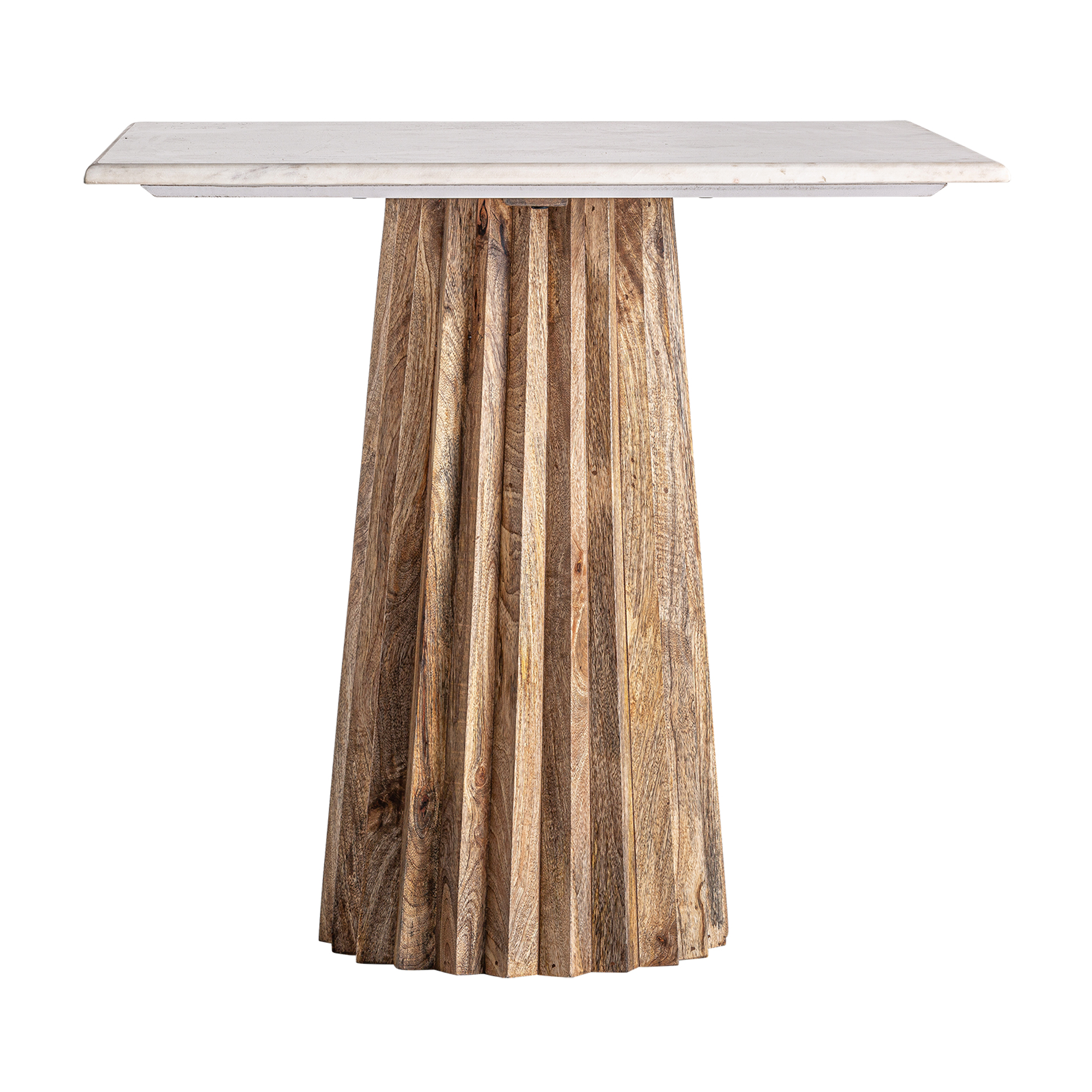 Mesa bar Plissé wood de estilo contemporáneo fabricado en madera de mango en color marrón combinado con mármol en color blanco. Producto desmontable.
