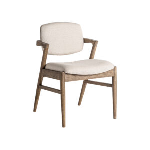 Silla polch de estilo art deco fabricado en lino en color marrón beige combinado con algodón y madera de fresno.