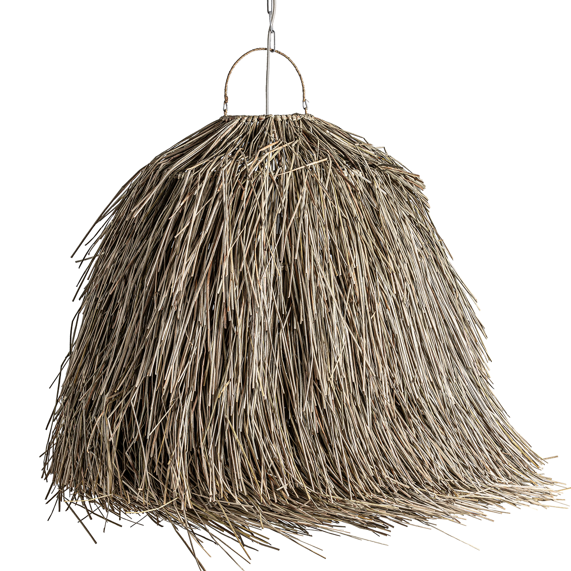 Lámpara de colgar de estilo boho fabricado en fibra natural en color marrón.