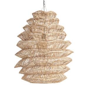 Lámpara de colgar de estilo boho fabricado en ratán en color marrón combinado con metal.