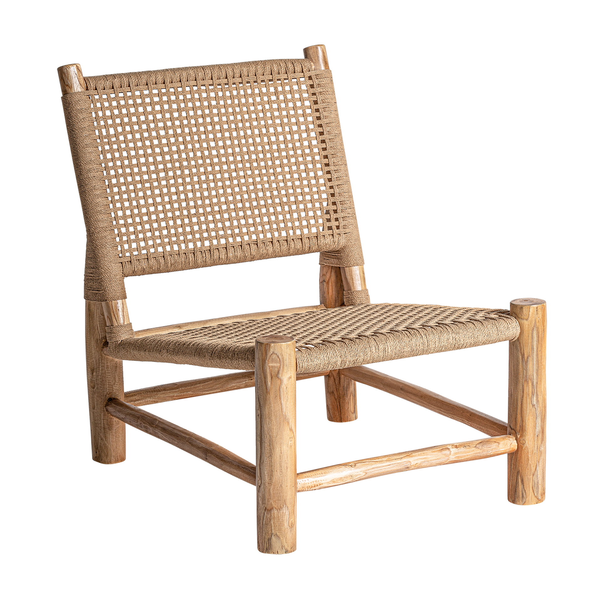 Sillón mouzaki de estilo vintage fabricado en madera de teka en color marrón combinado con cáñamo.