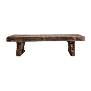 Mesa de centro sliven de estilo étnico fabricado en madera de teka en color marrón con acabado envejecido.