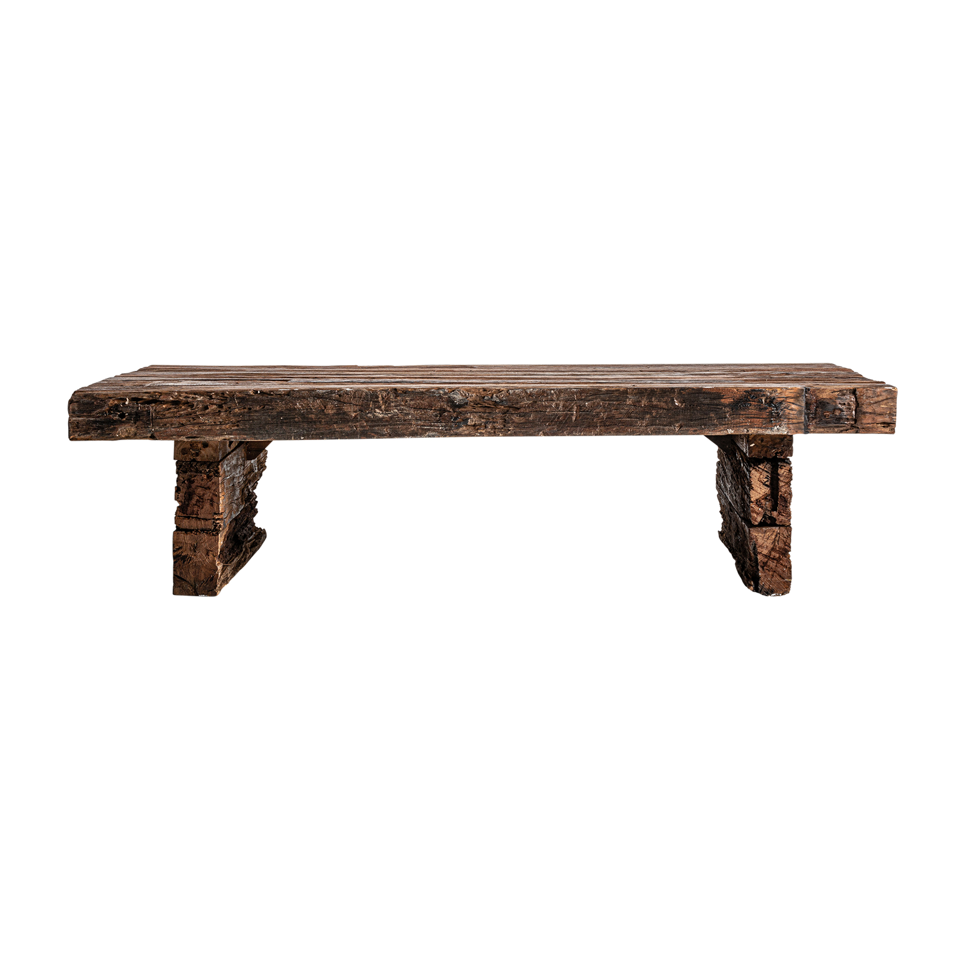 Mesa de centro sliven de estilo étnico fabricado en madera de teka en color marrón con acabado envejecido.