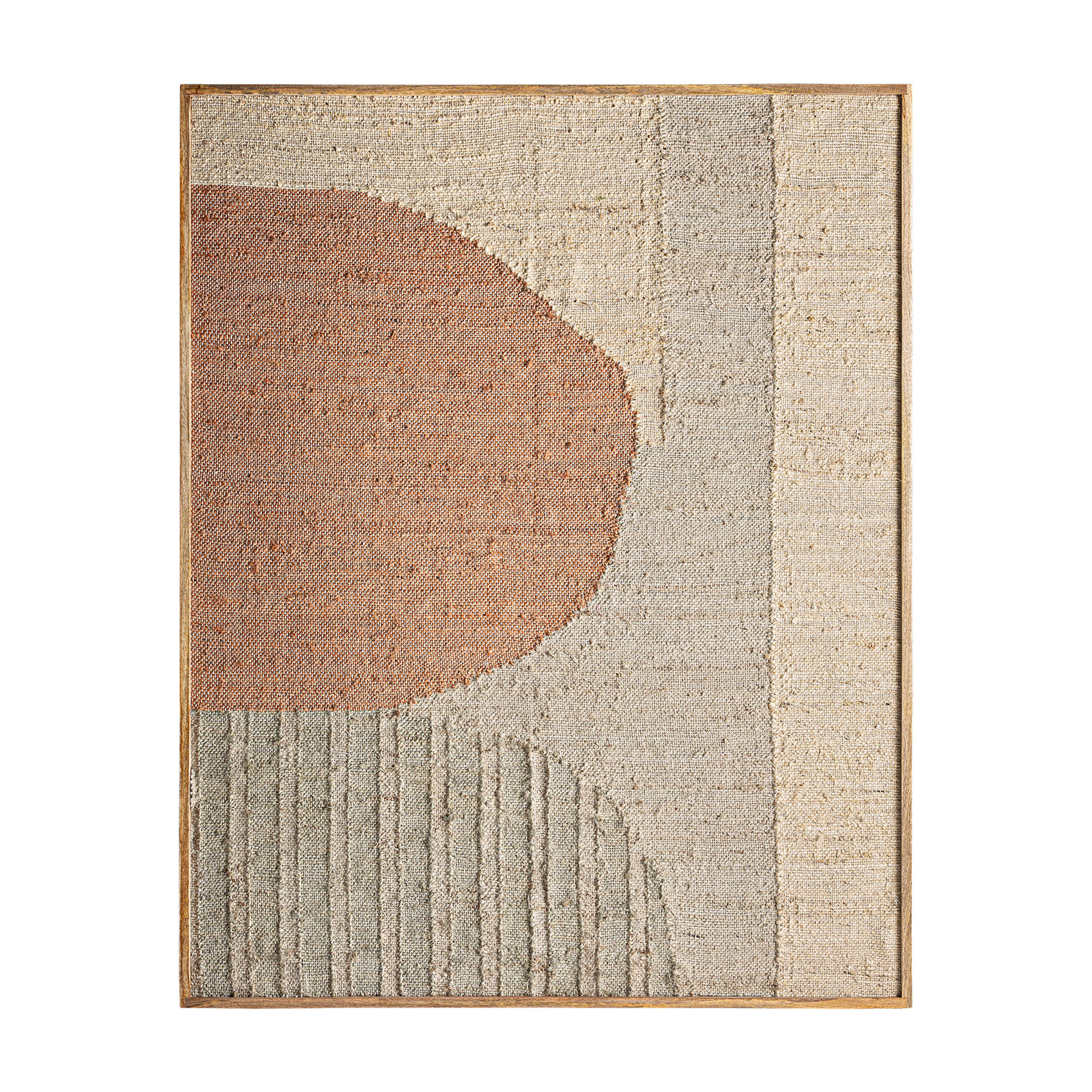 Cuadro brahma de estilo boho fabricado en madera de mango en color tonos en marrón con acabado artesanal combinado con algodón y cáñamo.