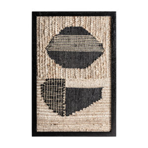 Cuadro Celso de estilo contemporáneo fabricado en madera de mango en color negro con acabado artesanal combinado con yute en color marrón y algodón en color tonos neutros.