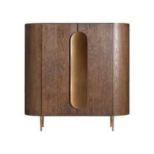 Armario Treignac de estilo art deco fabricado en chapa de roble en color marrón con acabado teñido combinado con madera dm y acero inoxidable en color oro con acabado mate. Producto desmontable.