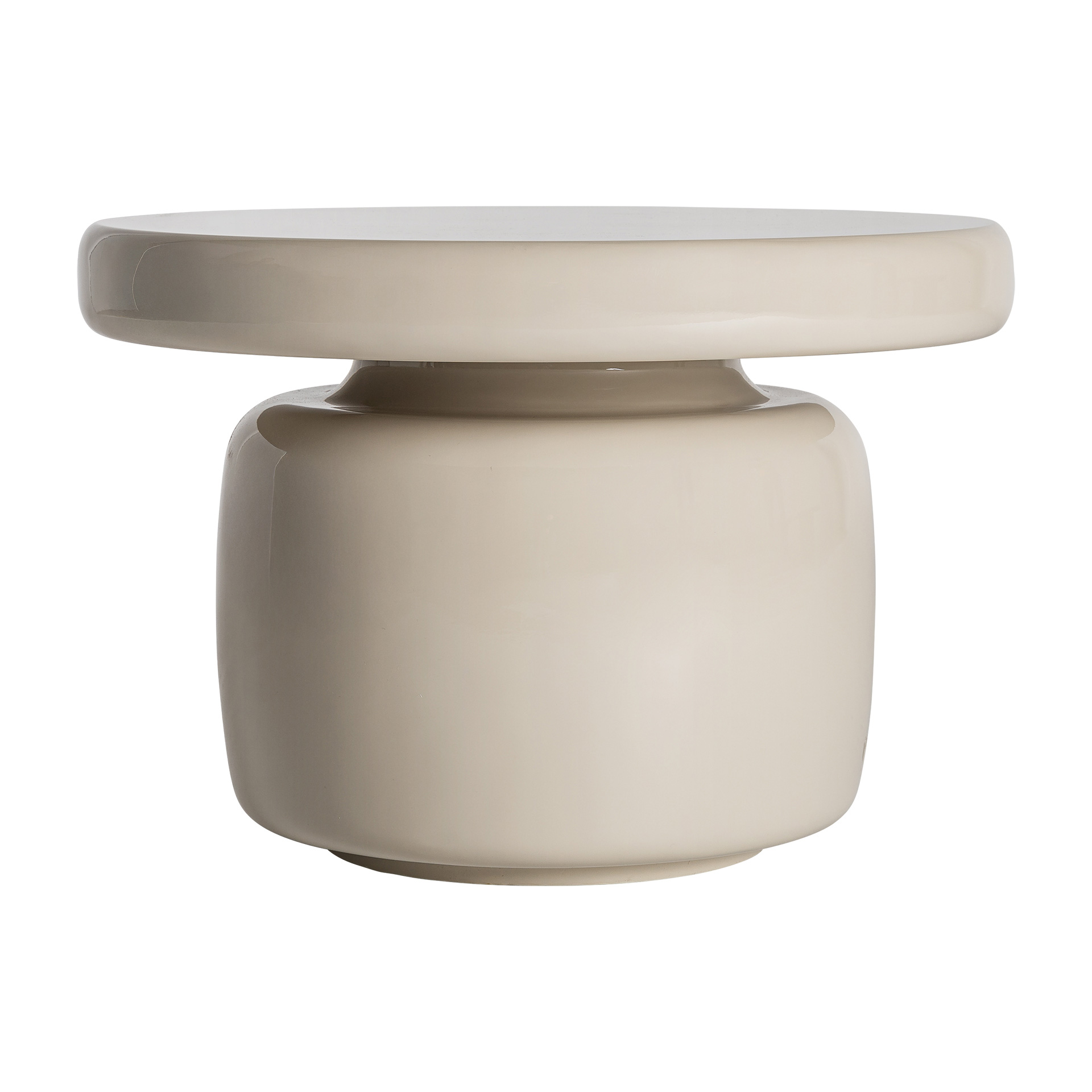 Mesa auxiliar zorbig de estilo contemporáneo fabricado en madera dm en color blanco roto combinado con fibra de vidrio en color blanco roto.