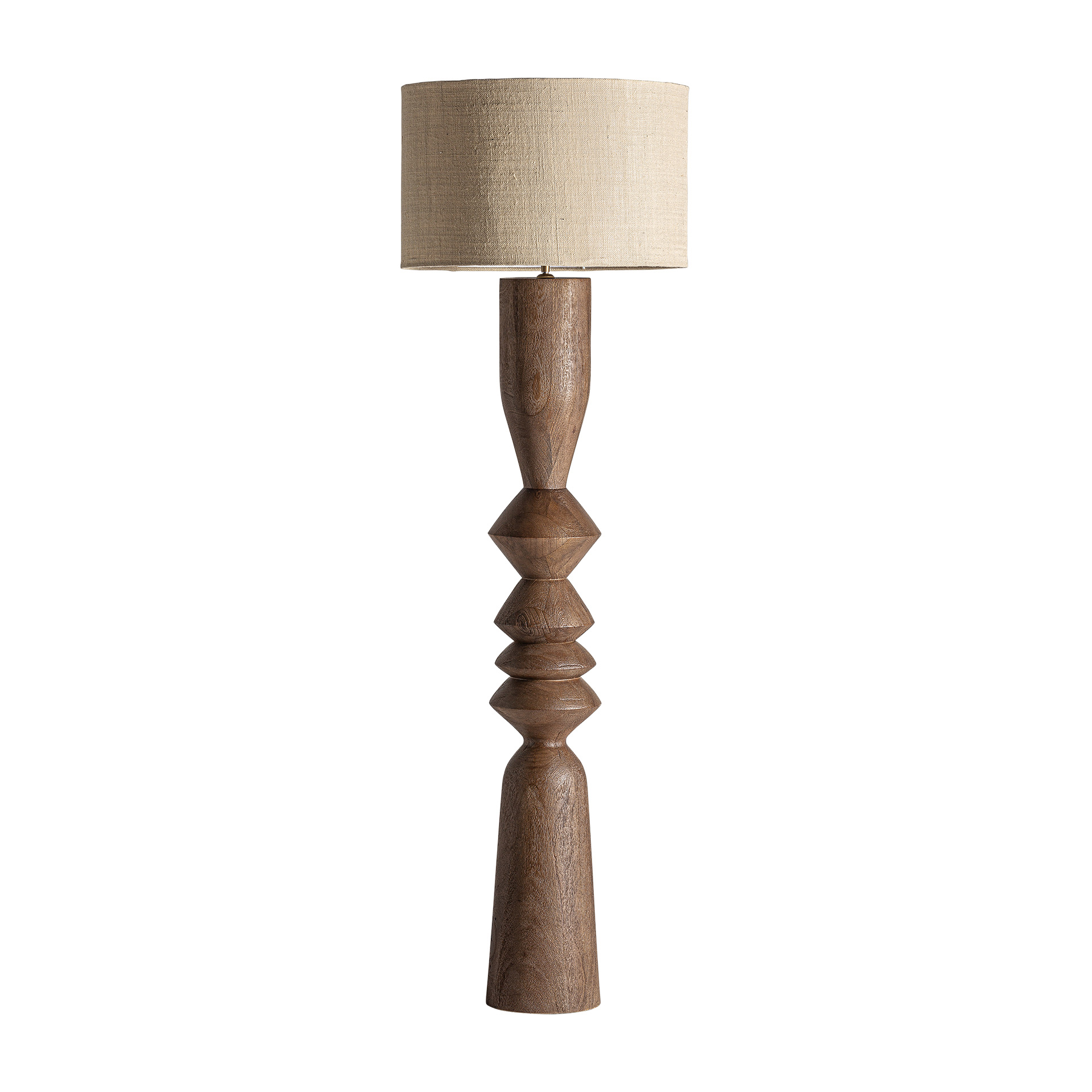 Lámpara de pie megeve de estilo contemporáneo fabricado en madera de mango en color marrón combinado con yute en color crema.