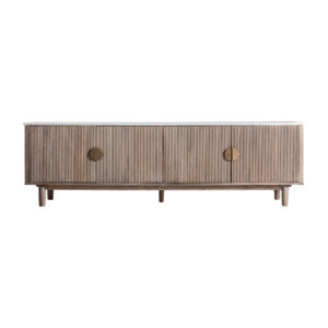 Mueble tv Zerf de estilo contemporáneo fabricado en madera de mango en color marrón combinado con mármol en color blanco y madera dm en color marrón.