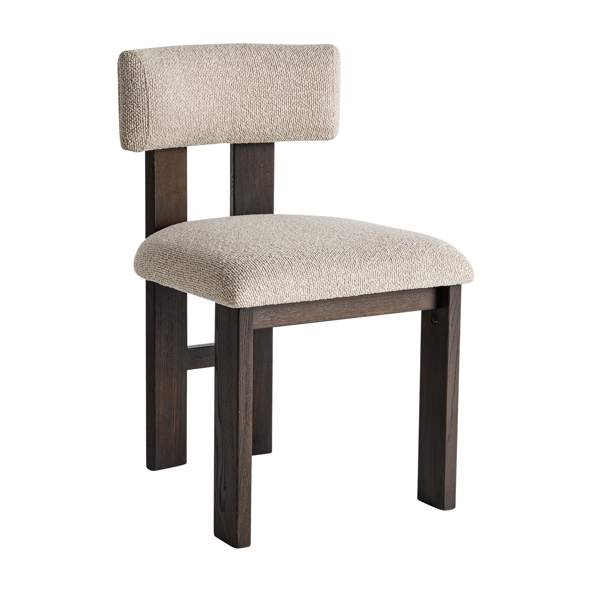 Silla Evje de estilo contemporáneo fabricado en poliéster en color beige combinado con madera de fresno en color negro y espuma.