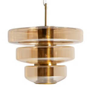 Lámpara de colgar Alexa de estilo art deco fabricado en cristal en color ambar con acabado traslúcido combinado con hierro en color oro.