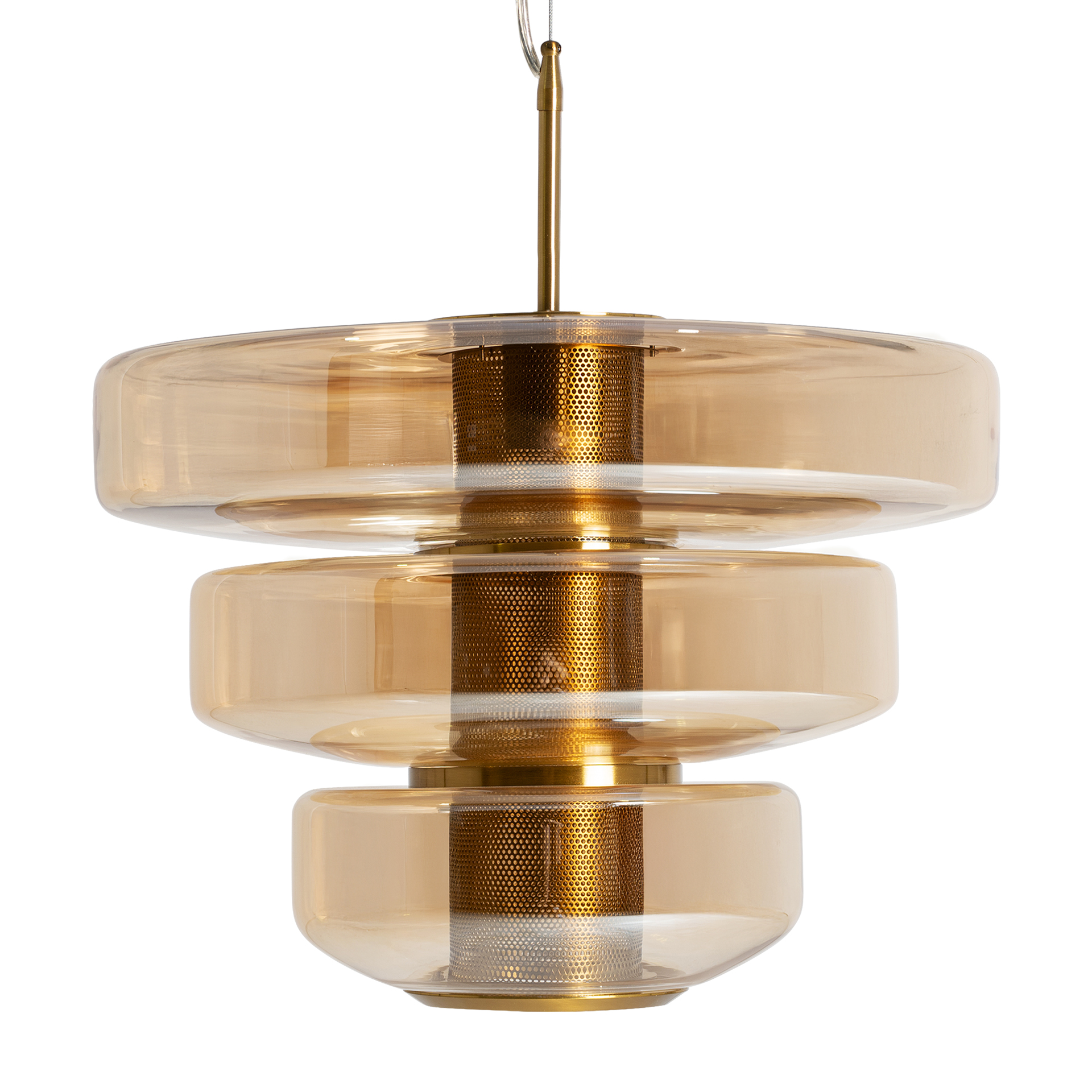 Lámpara de colgar Alexa de estilo art deco fabricado en cristal en color ambar con acabado traslúcido combinado con hierro en color oro.