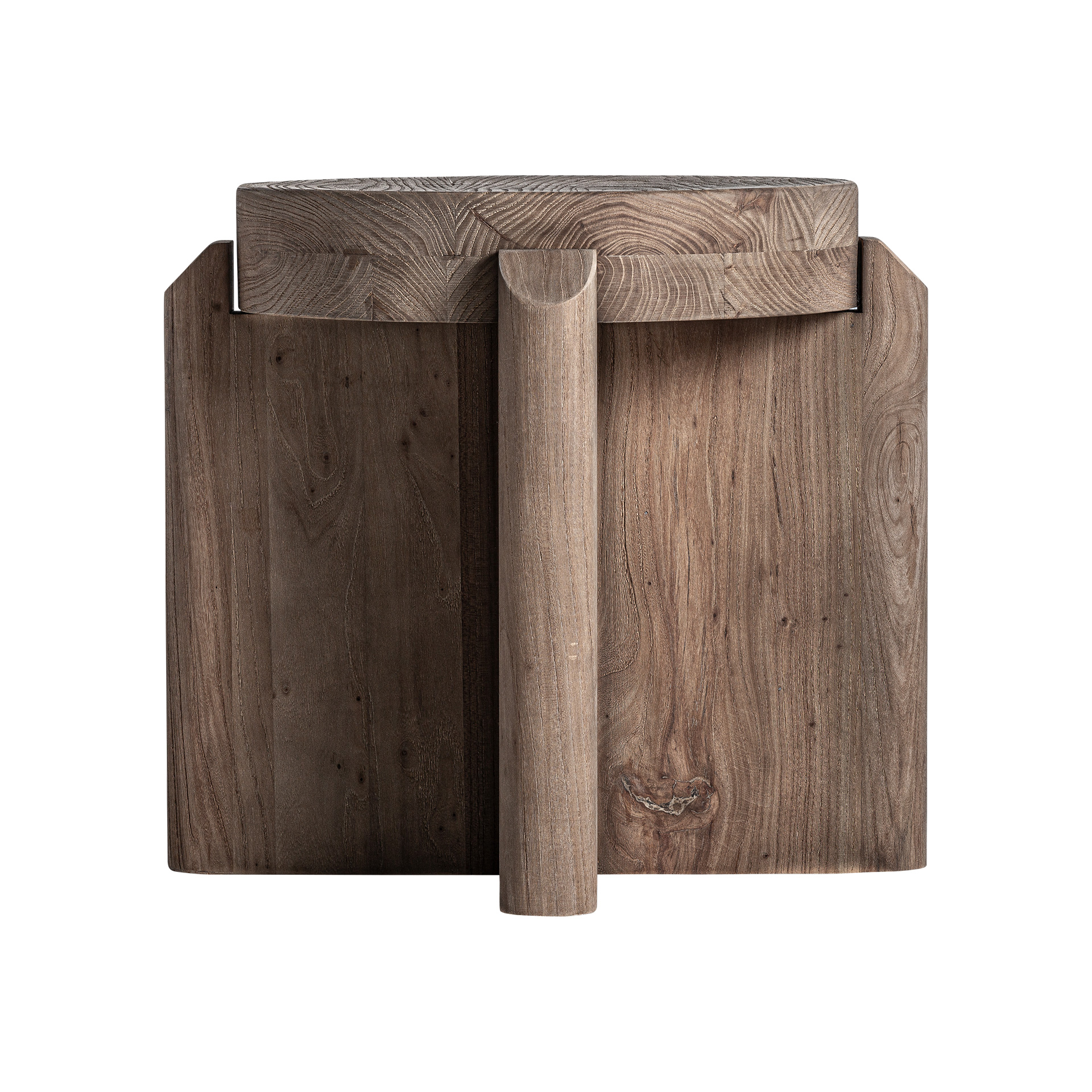 Taburete Jacquard de estilo contemporáneo fabricado en madera de olmo en color marrón.