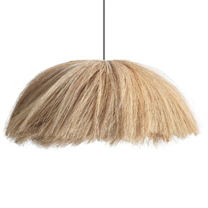 Lámpara de colgar Shima de estilo boho fabricado en hierba marina en color marrón claro combinado con hierro en color negro.