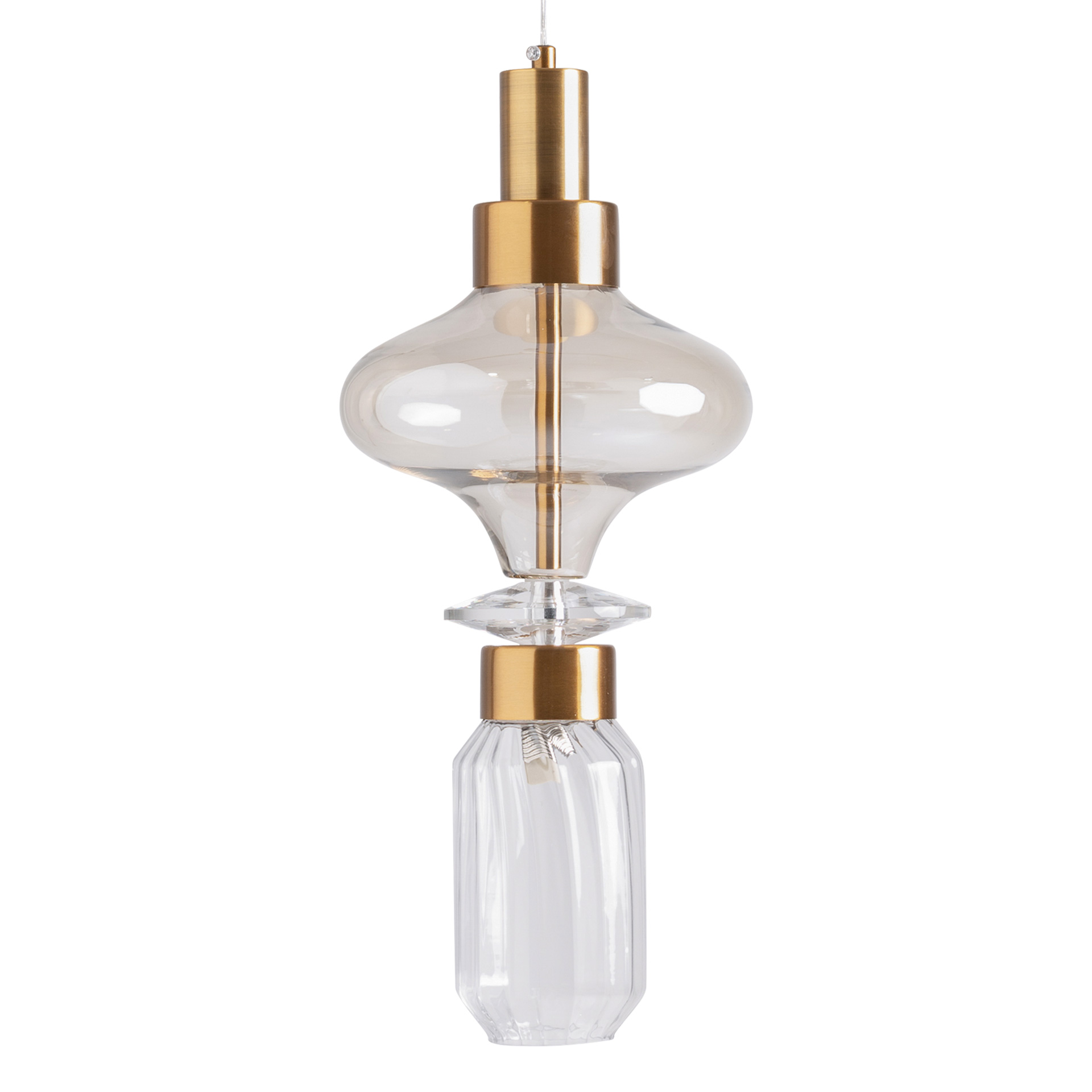 Lámpara de colgar Nuaria de estilo art deco fabricado en cristal en color tonos neutros con acabado ahumado combinado con acero en color cobre.