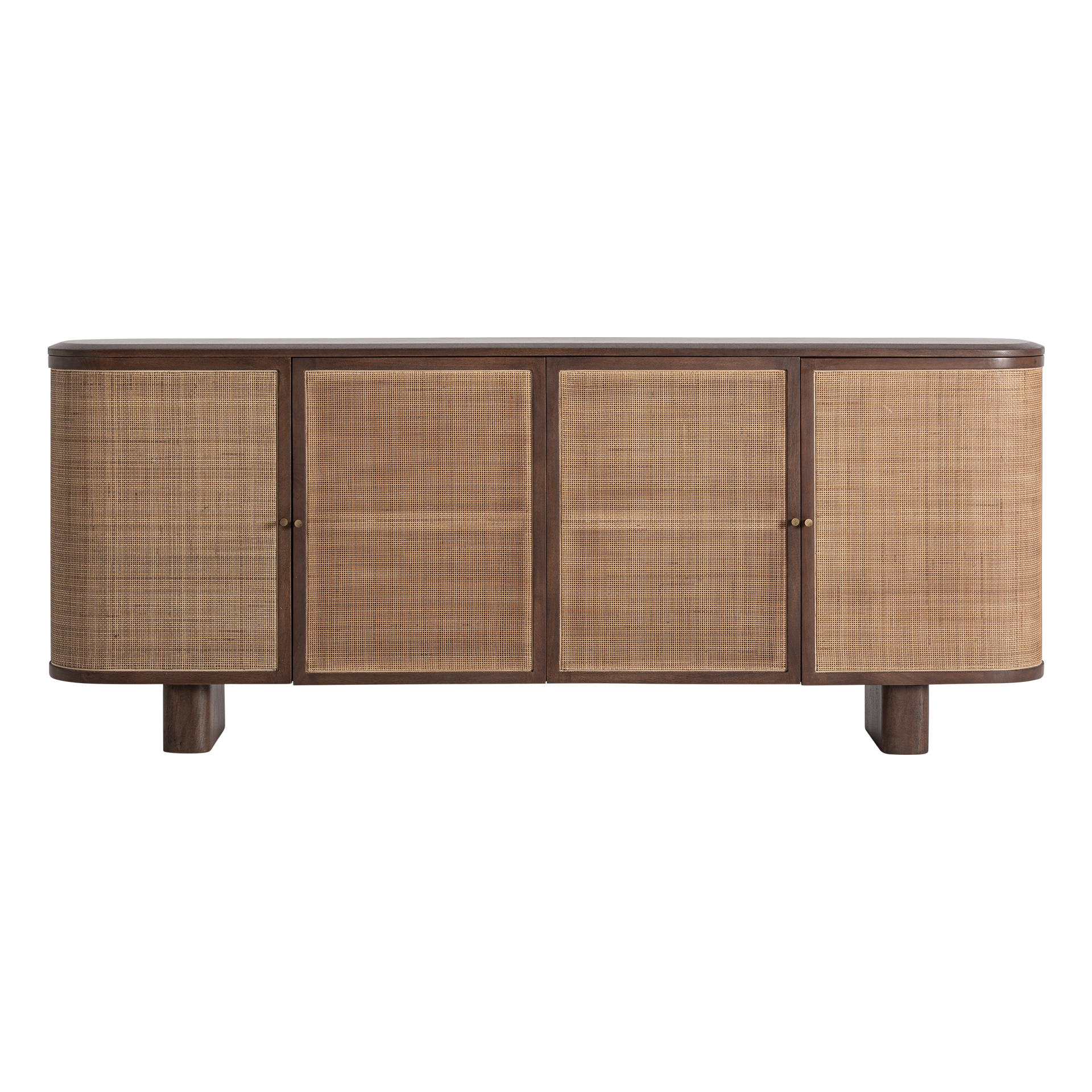 Aparador Gondorf de estilo nórdico fabricado en madera de mango en color marrón combinado con ratán en color arena. Producto desmontable.