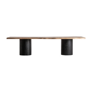 Mesa comedor Knaith de estilo contemporáneo fabricado en madera de acacia en color marrón claro con acabado natural combinado con madera de mango en color negro. Producto desmontable.