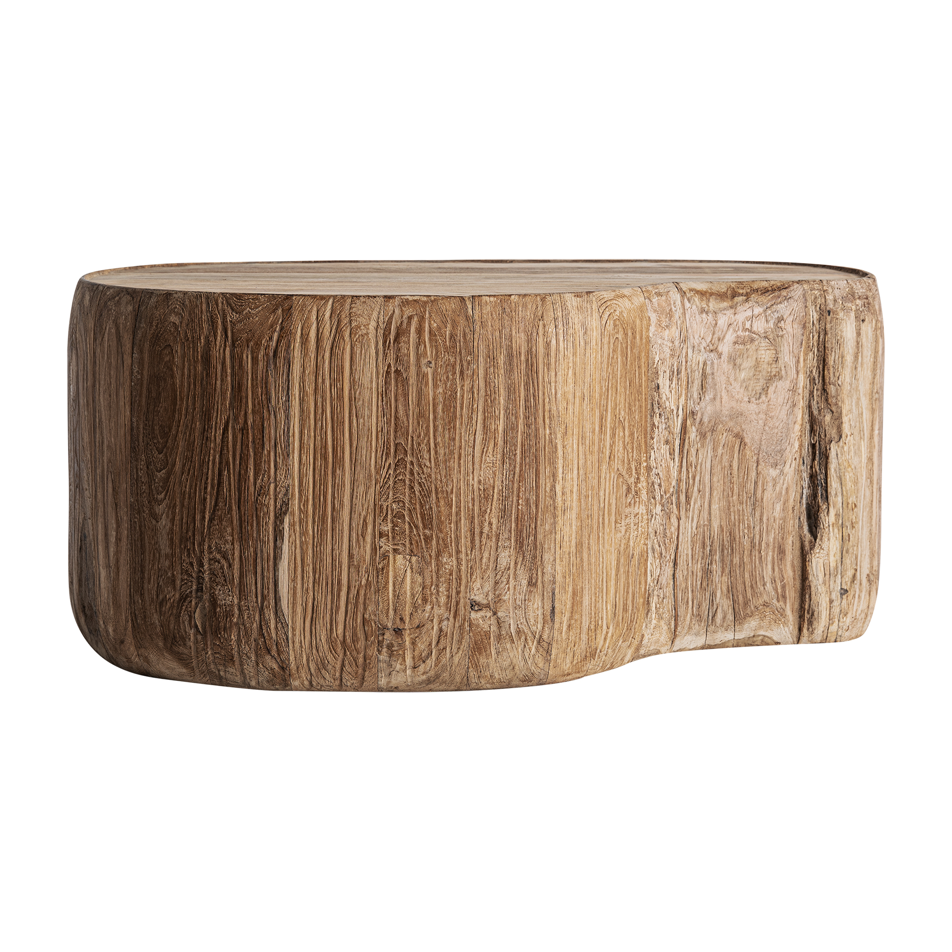 Mesa de centro Erloy de estilo rústico fabricado en madera de teka reciclada en color marrón claro con acabado envejecido.